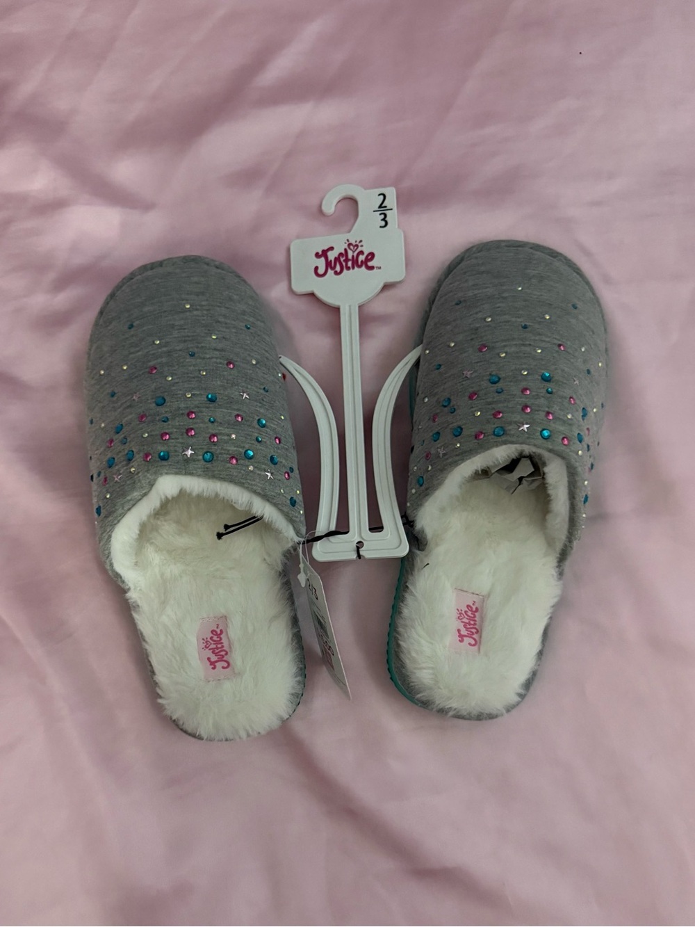 Justice Gray Plush Slip-On Slippers with Multicolor Gem Accents